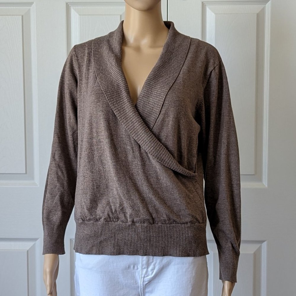 Lindor Petite Long Sleeve Wrap Sweater in Brown Size XL